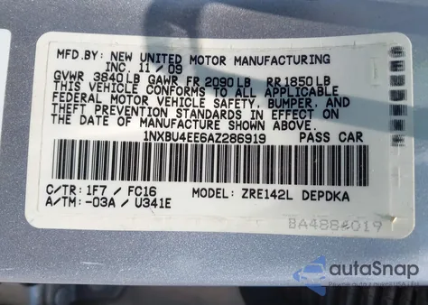 2010 Toyota Corolla Le z USA, uszkodzony, nr VIN 1NXBU4EE6AZ286919